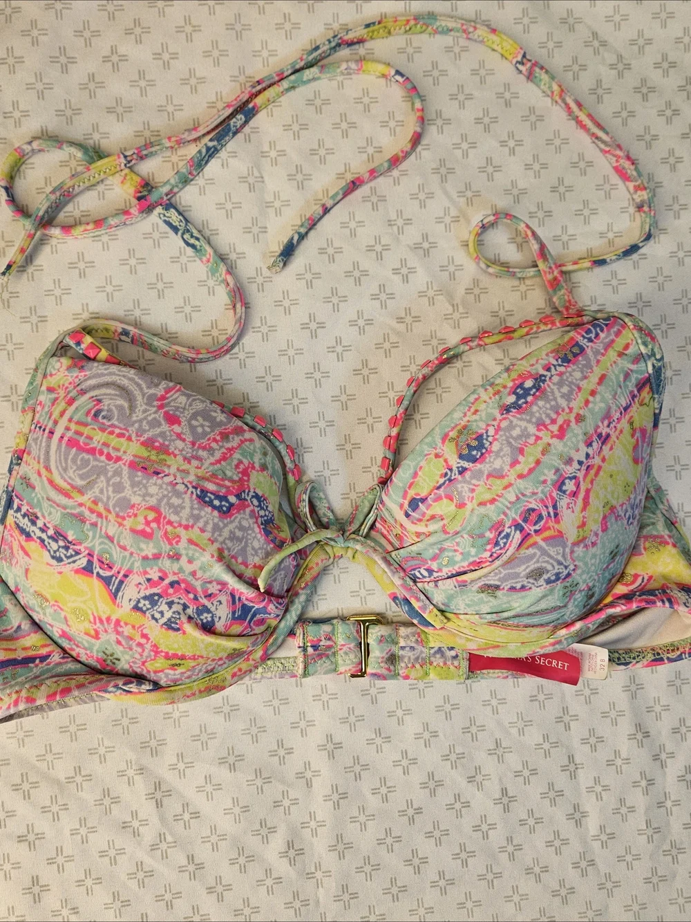 Victoria's Secret 32B Padded Underwire Halter Bikini Top Multicolor Abstract